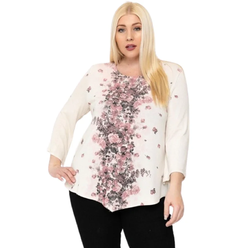 Print Top Featuring A Round Neckline And 3/4 Bell Sleeves Seasonal Sale