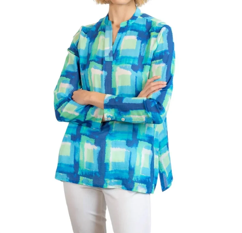 Printed Crinkle Gauze Blouse In Azure Trendy New Clothes