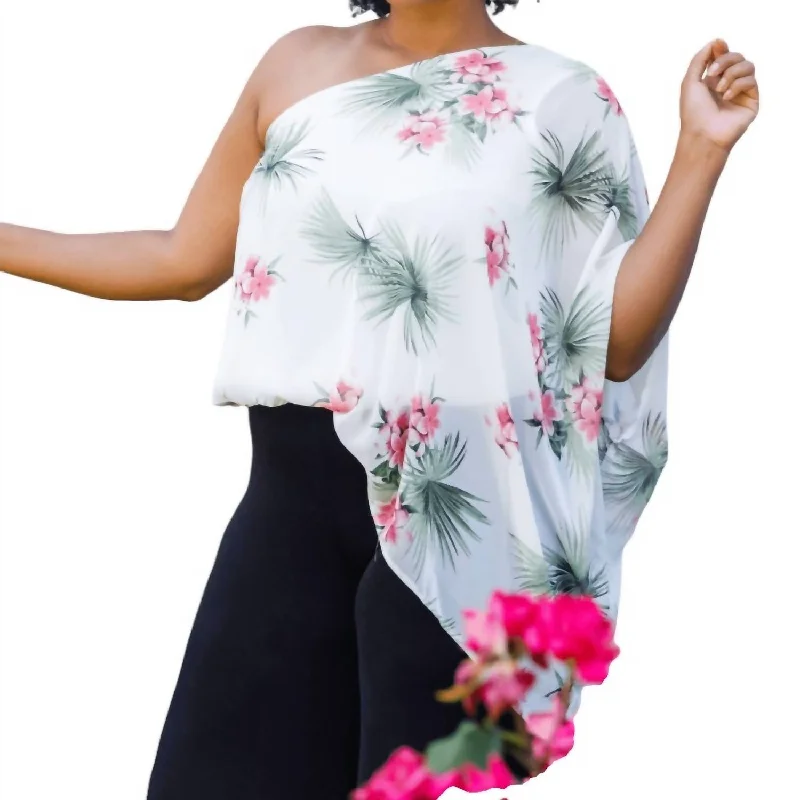 Printed One Shoulder Top In White Evening Elegance