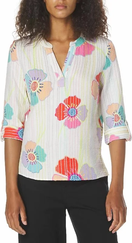 Printed Roll Sleeve Gauze Top In Multi Don't Miss Out