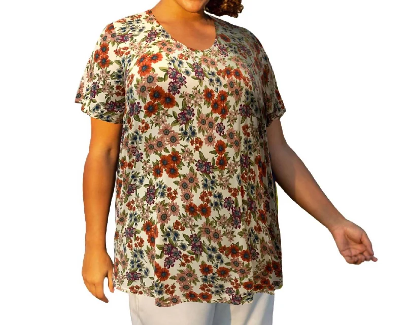 Printed Scoop Neck Short Sleeve Taylor Tunic - Plus Size In White Ground Floral Trendy Street Style