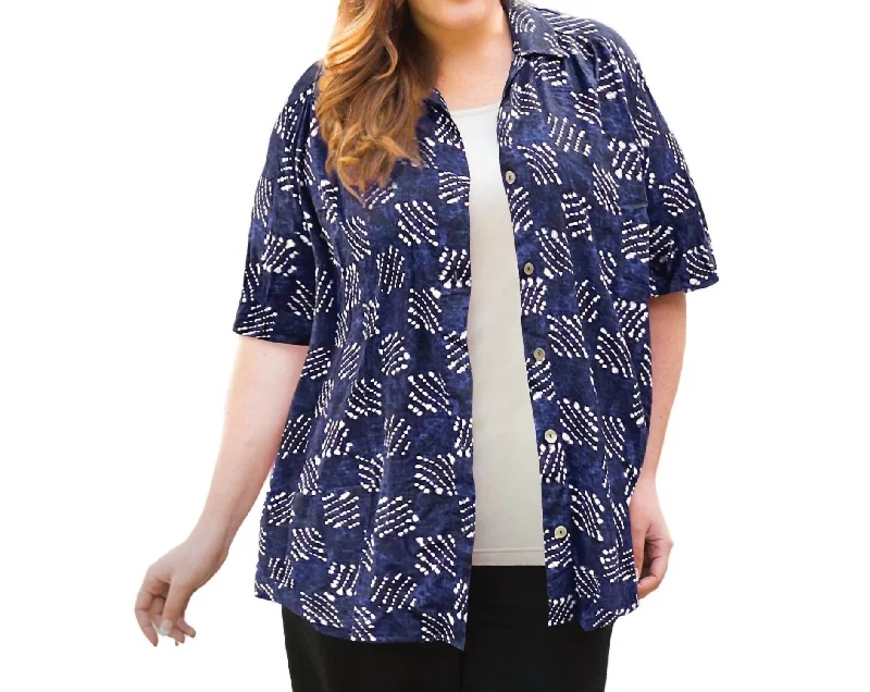 Printed Short Sleeve Collar Button Up Elaine Shirt - Plus Size In Blue Tribal Artful Design