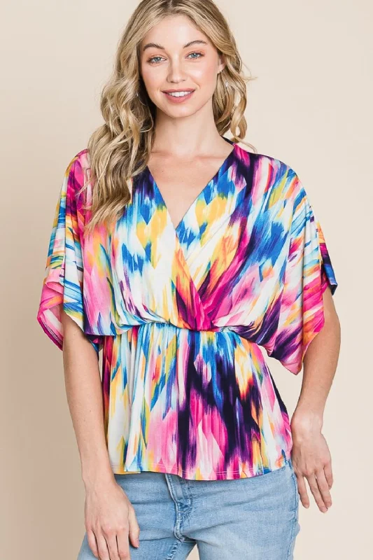 Printed Surplice Peplum Blouse Artful Design