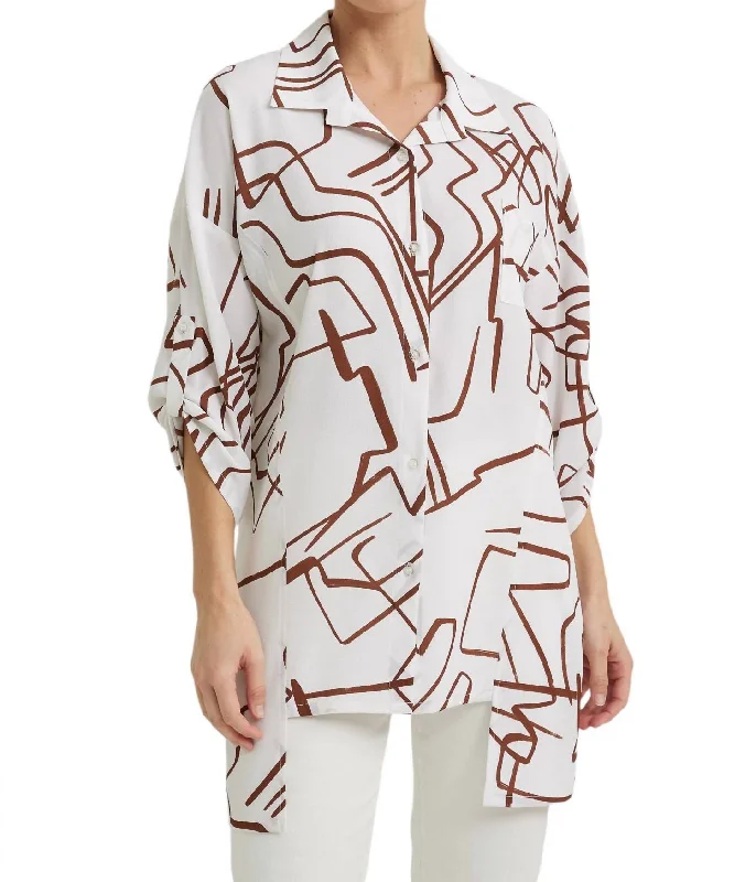 Printed Top In Vanilla/brown Huge Markdowns