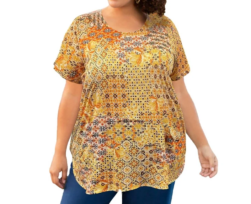 Printed Tyler Flair Short Sleeve Top - Plus Size In Yellow Patchwork Luxury Fashion for Women