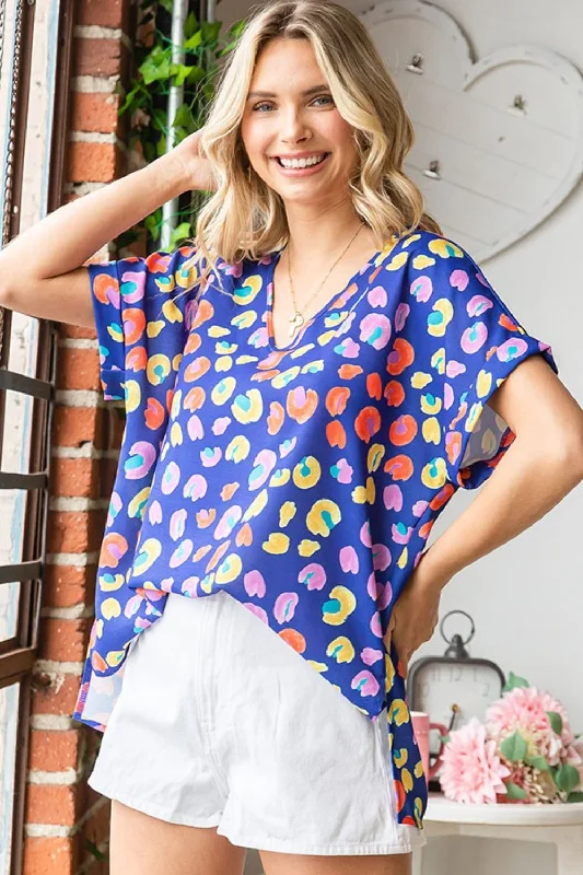 Printed V-Neck Short Sleeve Blouse Graceful Movement