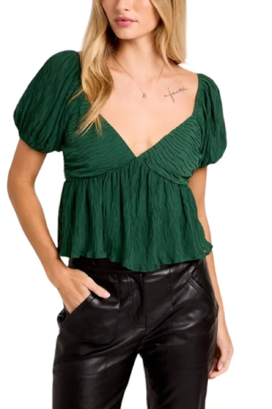 Puff Short Sleeve Plisse Top In Hunter Green Exclusive Sale