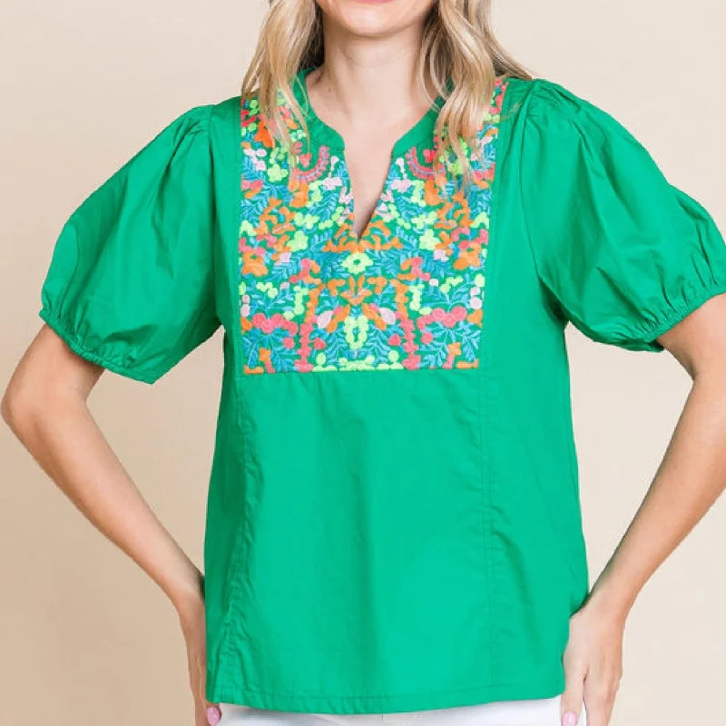 Puff Sleeve Floral Embroidered Top In Kelly Green Innovate Your Wardrobe