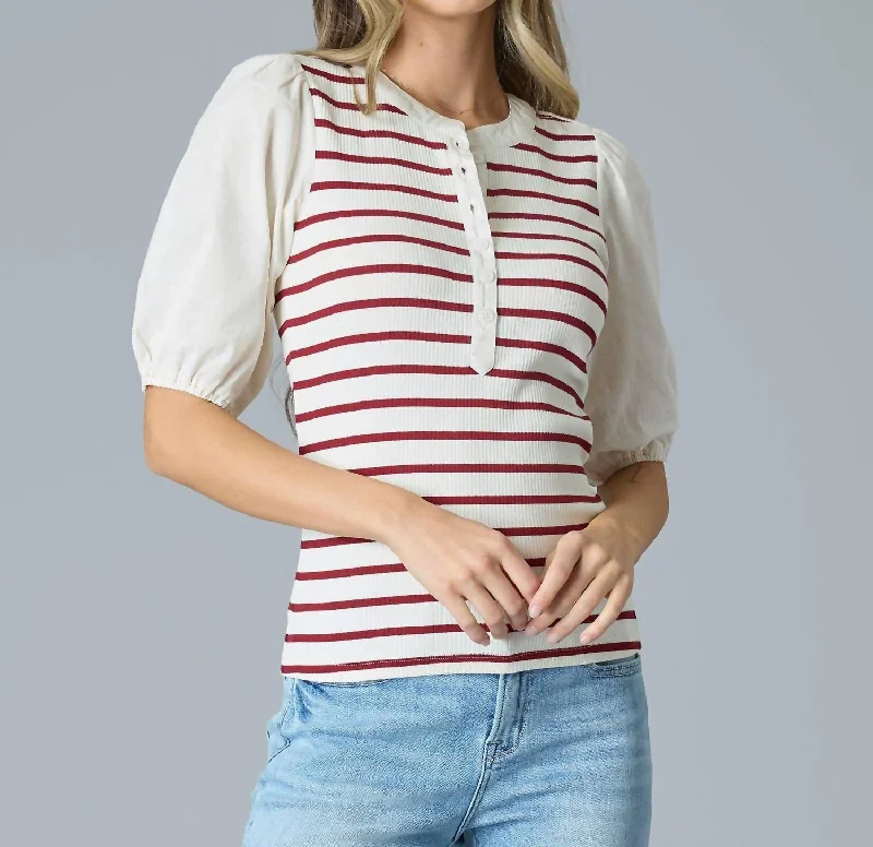 Puff Sleeve Henley Top In Tomato Stripe Style Beyond Borders