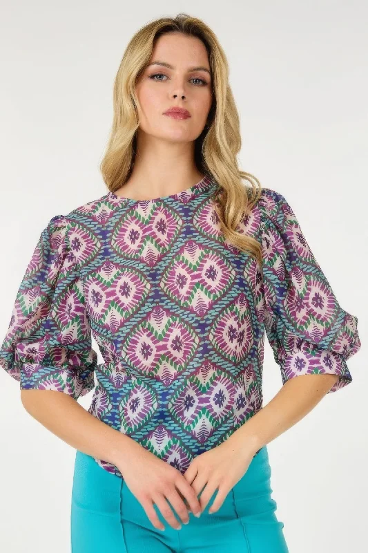 Puff Sleeve Multi-print Top Trendy Fashion Sale