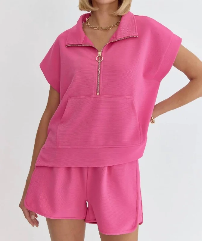 Putting Sugar On Me Half Zip Top In Hot Pink Essentials On Sale