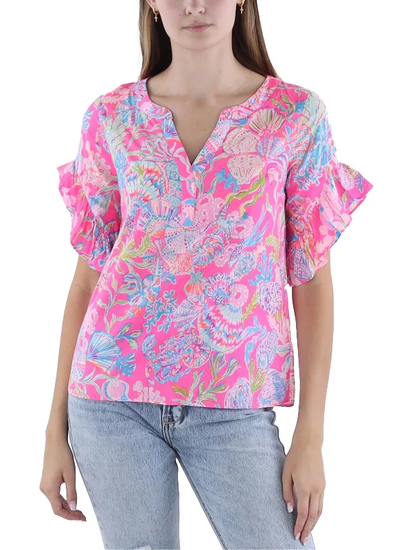 Quinna Womens Floral Print Split Neck Pullover Top Save On Classic Elegant Styles