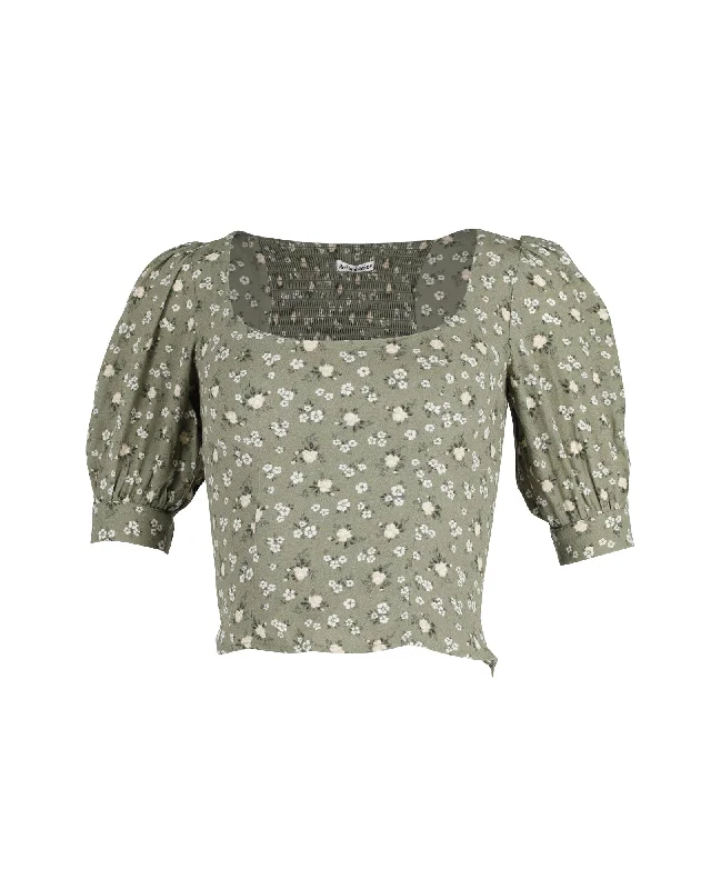 Reformation Cave Top with Floral Print in Green Khaki Viscose Chic & Cozy Collection