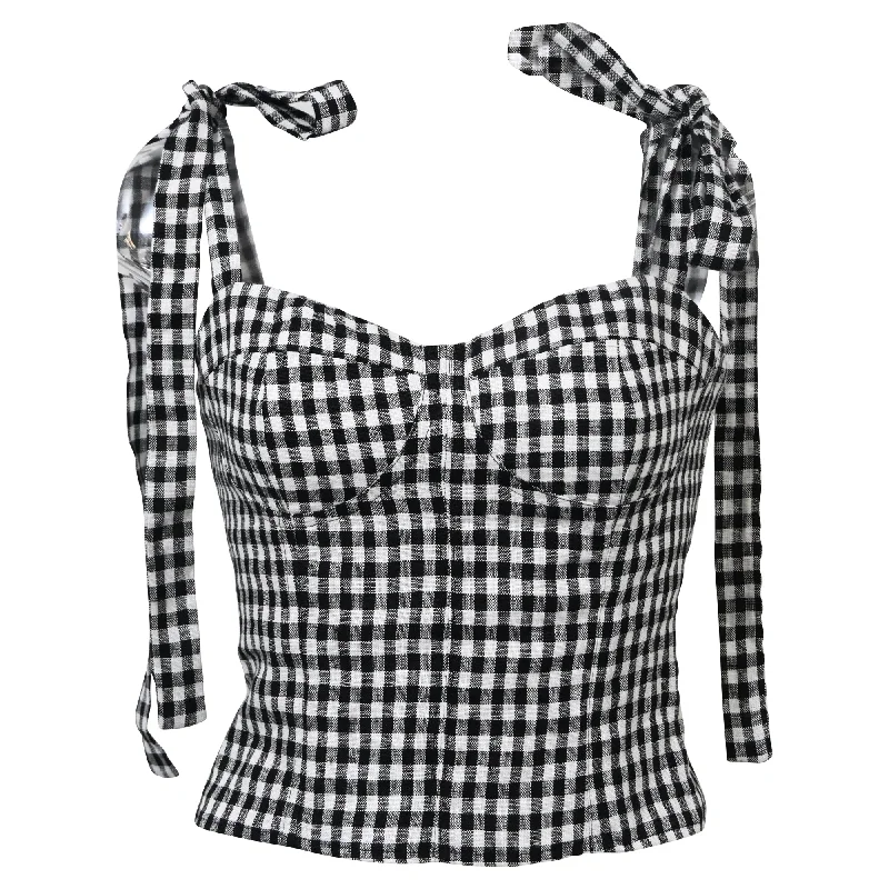 Reformation Cropped Gingham Print Self-Tie Top in Black and White Cotton Final Sale