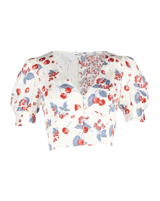 Reformation  Mendez Cropped Printed Blouse In White Silk Odd Size Clearance Sale