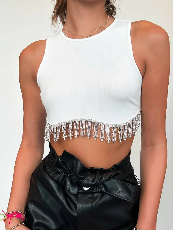 Rhinestone Sleeveless Crop Top In White Fashion-Forward