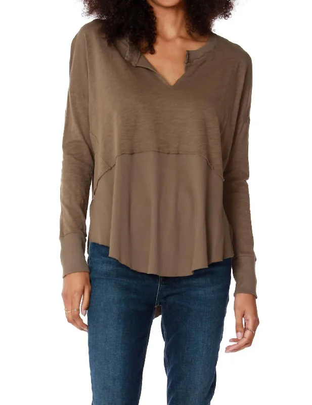 Rib Mixed Fabic Split Neck Top In Olive Unleash Your Trend Driven Style