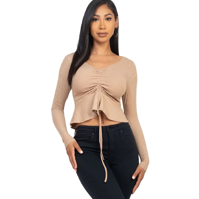 Ribbed Drawstring Front Long Sleeve Peplum Top Spring Fashion