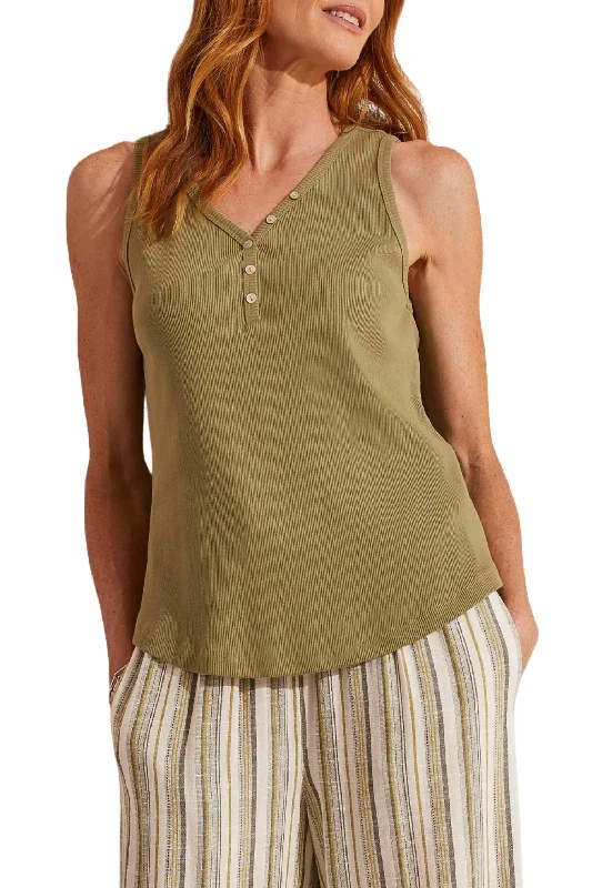 Ribbed Knit Henley Tank In Cactus Hot Brand Discounts