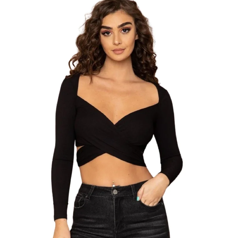 Ribbed Long Strap Wrap Tie Crop Top Casual Chic