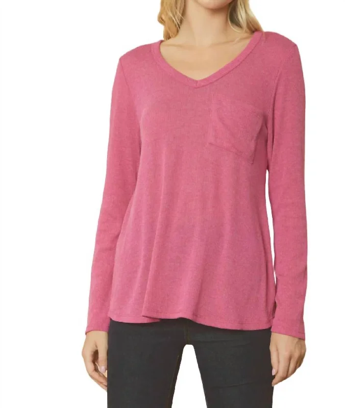 Ribbed V Neck Long Sleeve Top In Magenta Hot Deals