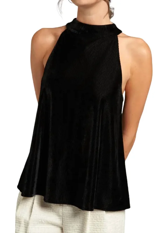 Ribbed Velvet Halter Top In Black Premium Fashion