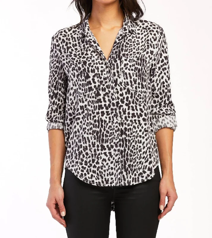 Riley Button-Up Shirt In White / Black Animal Fashion Forward Femme