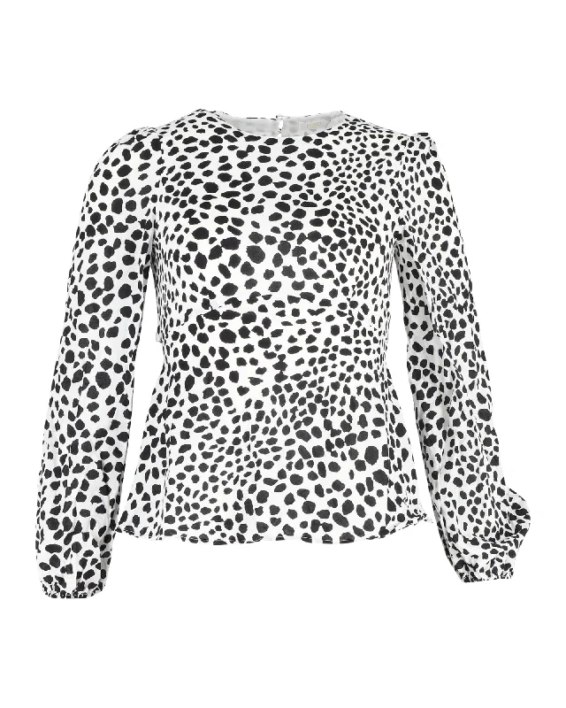 Rixo Animal-Print Long-Sleeve Top in White and Black Polyester Get The Latest Trends