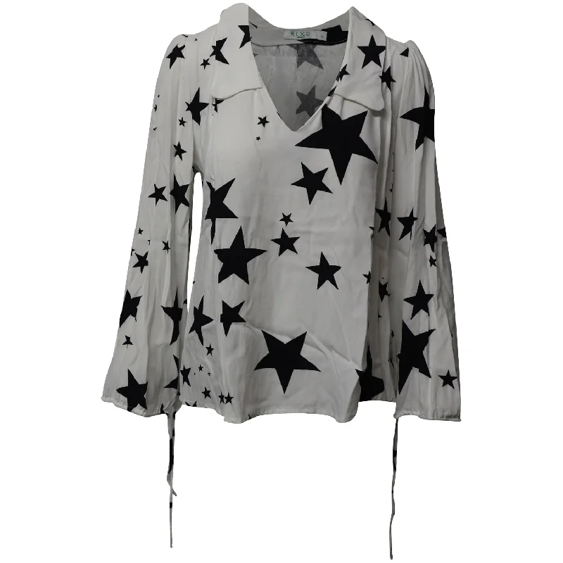 Rixo London Orlagh Star Printed Crepe Blouse in White Viscose Modern Romance