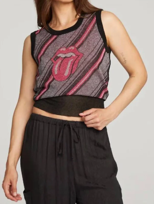 Rolling Stones Tongue Stripes Top In Red Diagonal Stripe Relaxed Style