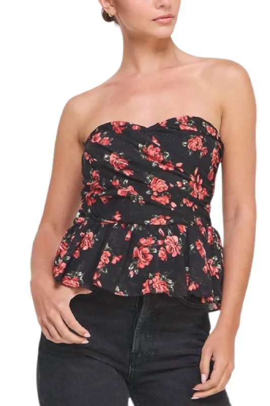 Rose Print Strapless Peplum Top In Black Modern Romance