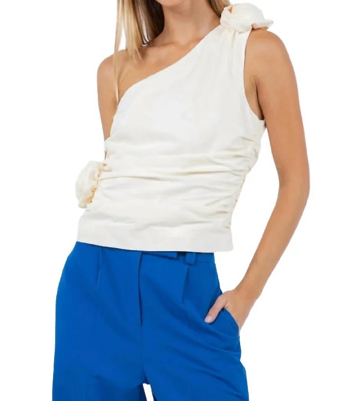 Rosette Ruched One Shoulder Crop Tank In Butter Casual Weekend Relaxed Style