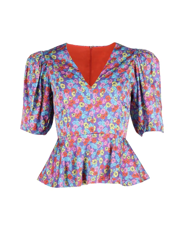 Rotate Birger Christensen Mindy Peplum Blouse In Floral Print Viscose Exclusive Designer Collection