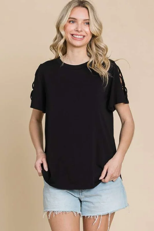 Round Neck Crisscross Short Sleeve T-Shirt Popular Collection