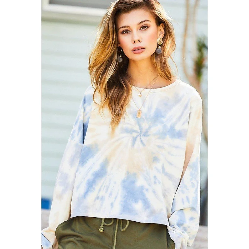 Round Neck Oversize Fit Crop Tie-dye French Terry Pullover Casual Chic Clothing