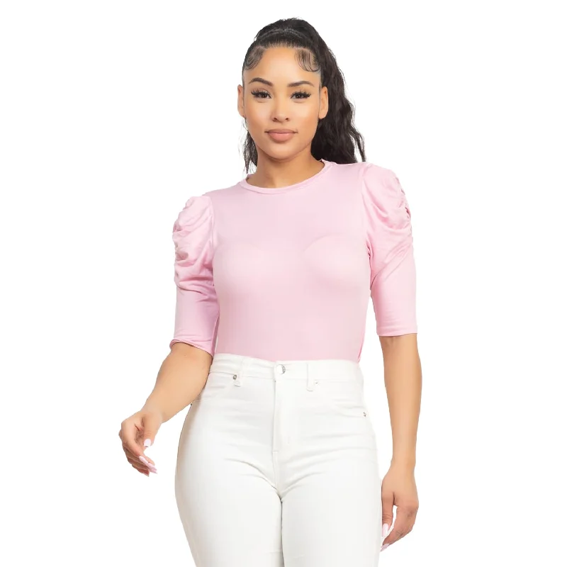 Round Neck Puff Ruched Sleeve Top Effortless Chic Apparel