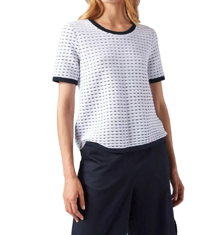 Round Neck Short Sleeve Knit Top In White With Navy Seasonal Fashion