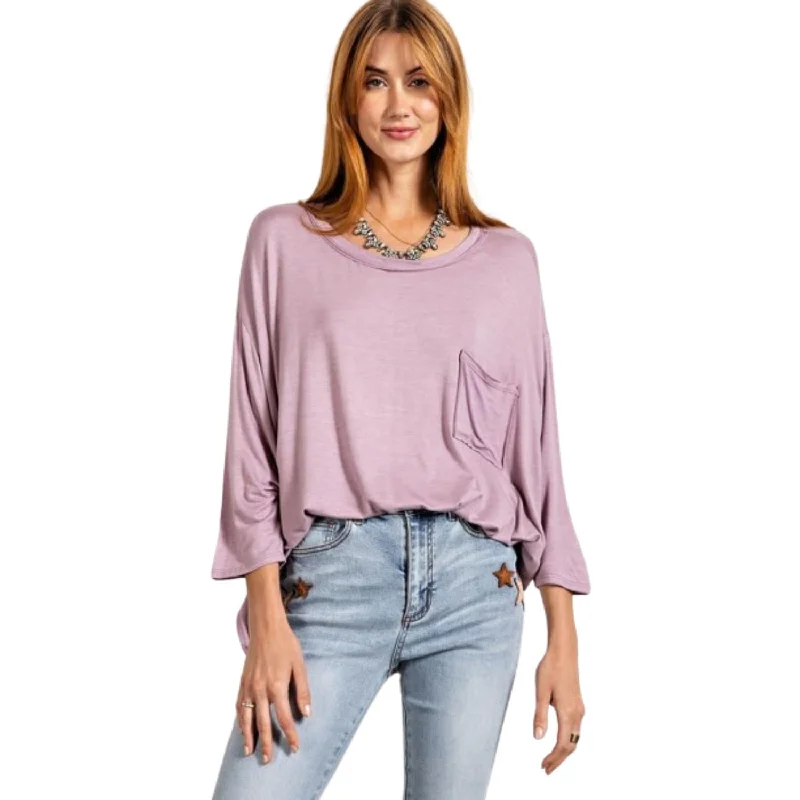 Rounded Neckline 3/4 Sleeves Washed Top Trendy And Individual Women's Fashion