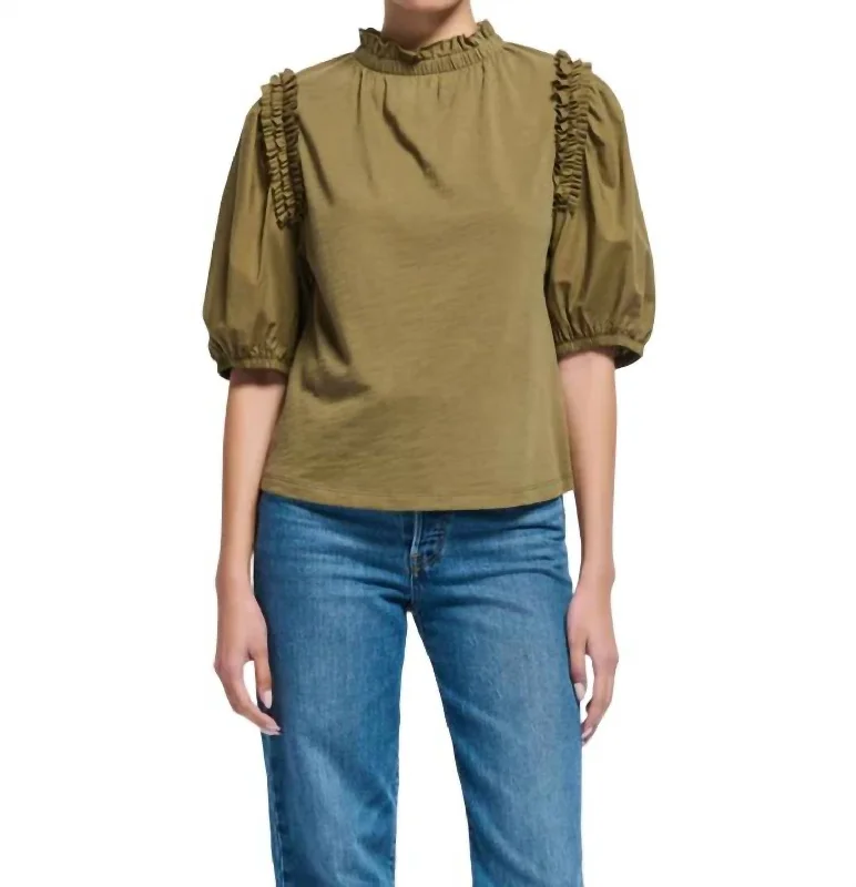 Roya Ruched Neck Top In Capers Current Trends