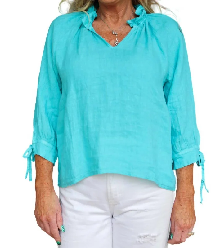 Ruffle Collar Poets Linen Blouse In Tiffany Blue Latest Fashion