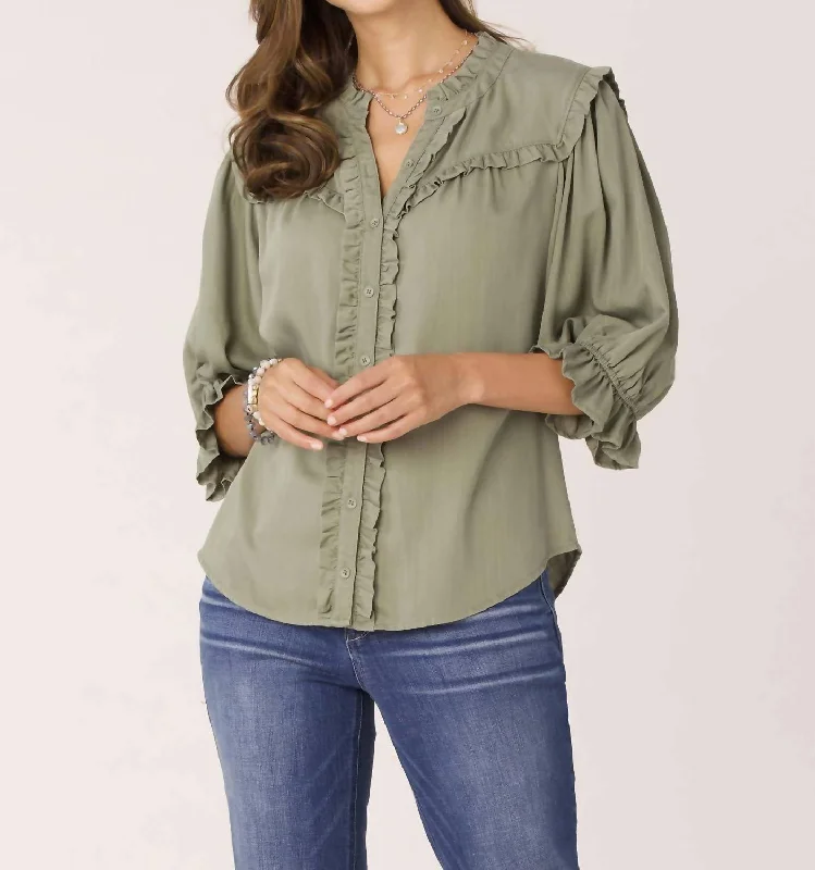 Ruffle Edge Neck Lantern Woven Top In Oregano Trendy Fashion Sale