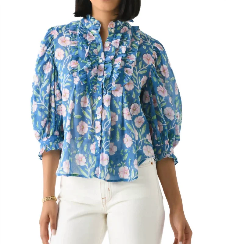 Ruffle Frontbutton Blouse In Amalfi Blue Forward Trendsetter