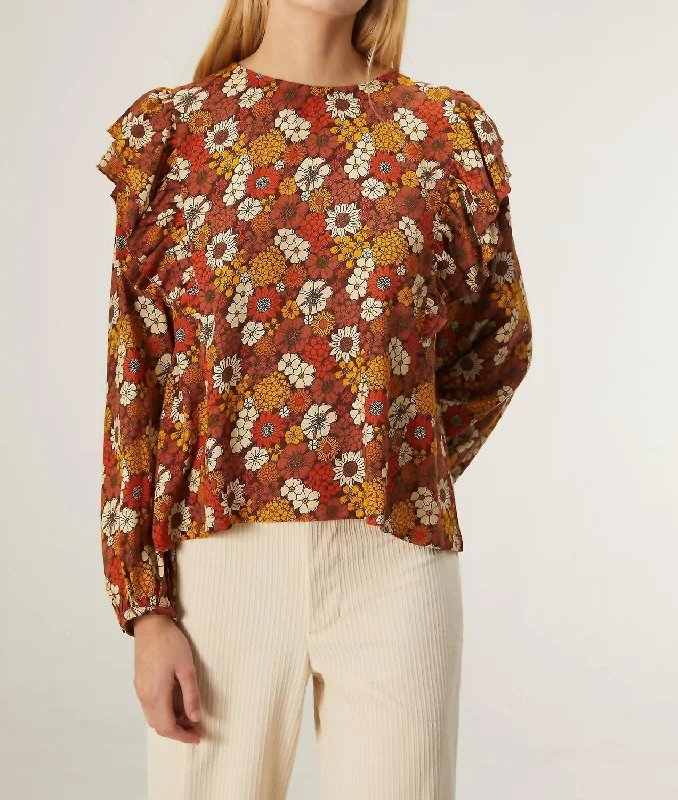 Ruffle Long Sleeve Top In Autumn Floral Feminine Allure