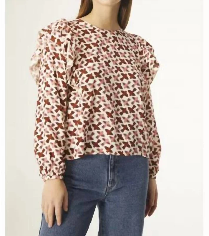 Ruffle Long Sleeve Top In Bird Print Playful Elegance