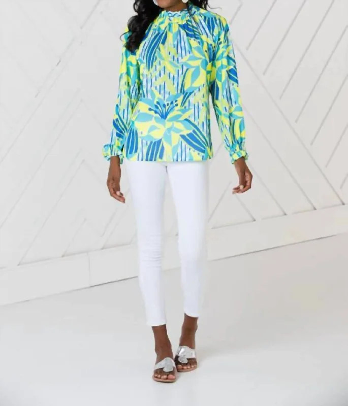 Ruffle Neck Long Sleeve Top In Palms Of Paradise Casual Chic