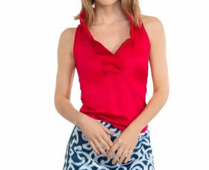 Ruffle Neck Sleeveless Top In Crimson Elegant Ensemble