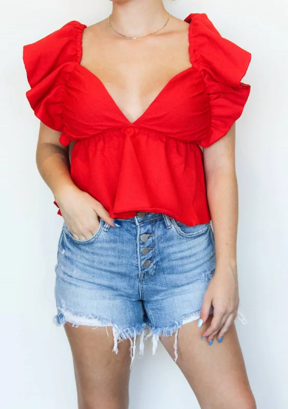 Ruffle Open Back Blouse In Red Shop Sales