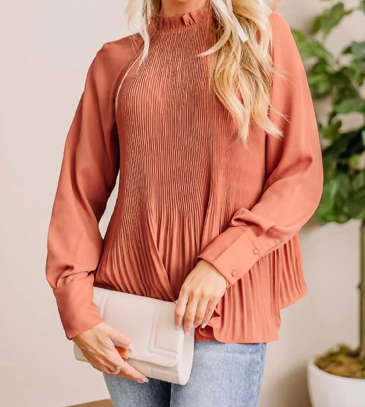 Ruffle Pleated Blouse In Terracotta Style Streetwear