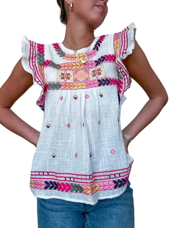 Ruffle Sleeve Embroidered Linen Blouse In Multi Hot Trends