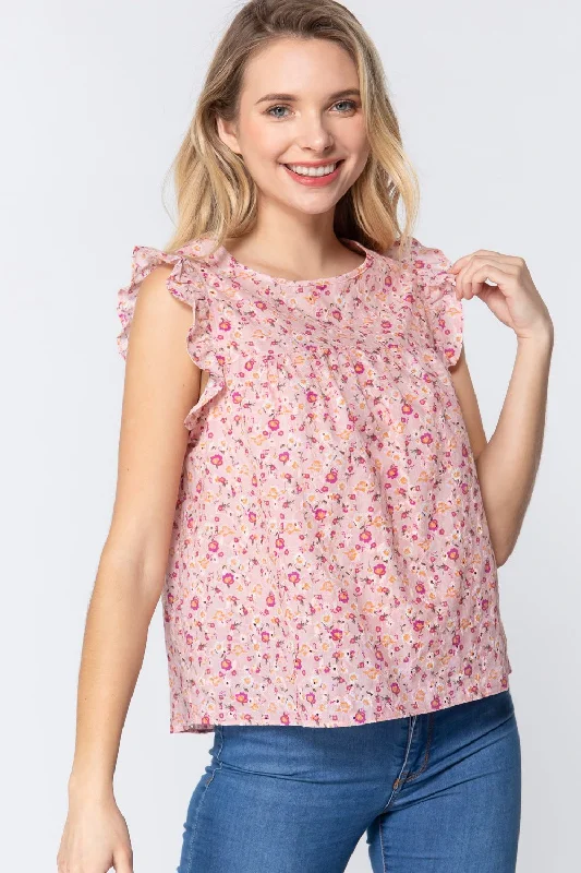 Ruffle Sleeveless Print Woven Top Fashion Essentials